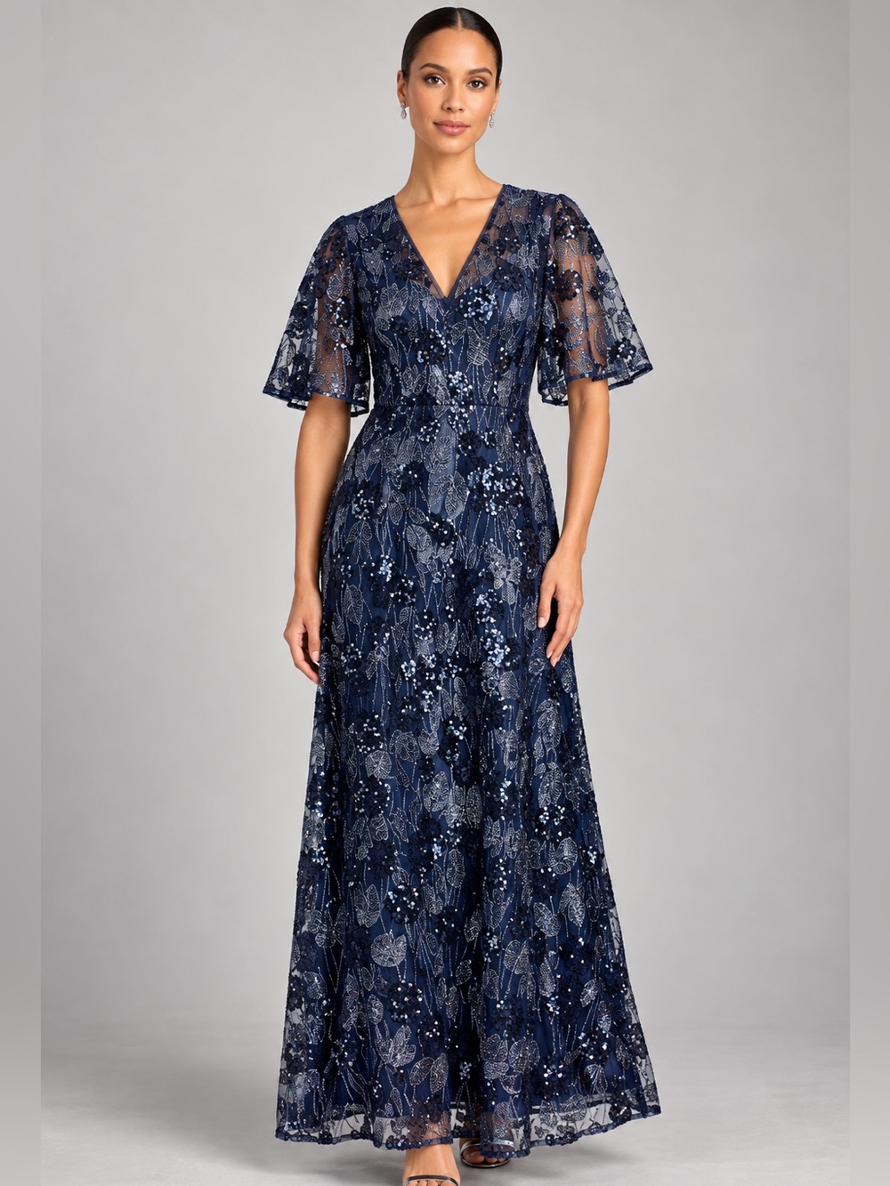 NWT Maggy London Floral Sequin Embroidered Maxi Evening Gown Sz 8